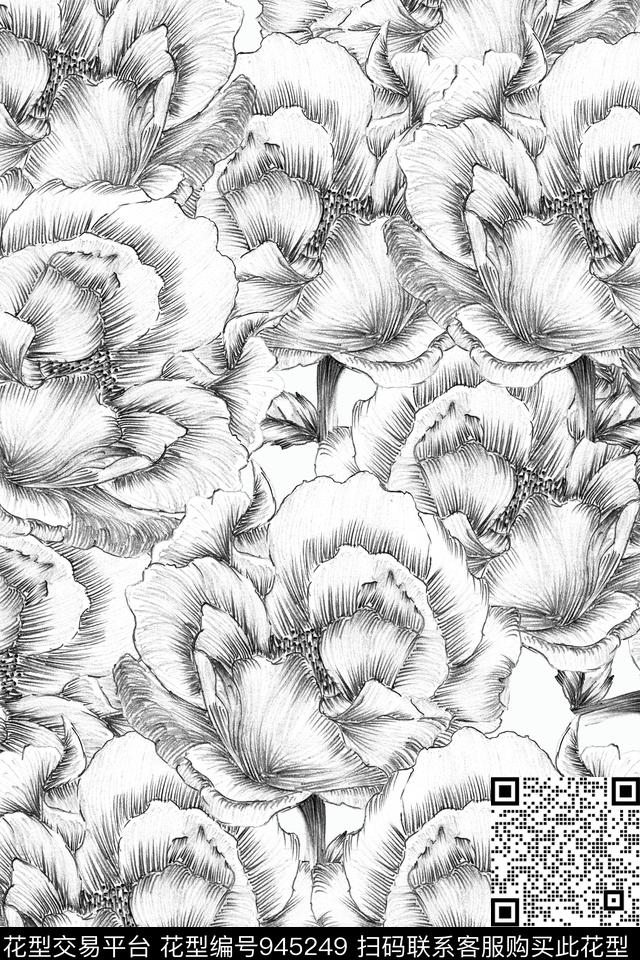 黑白华亿平台民族风花卉传统印花华亿平台下载（图片编号: 945249） - 瓦栏（Walan）