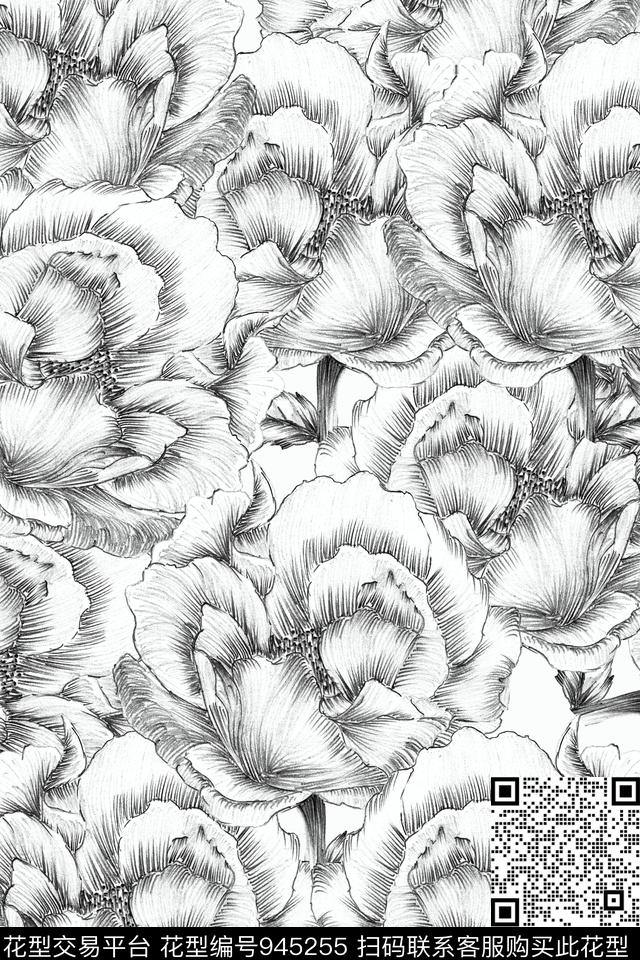黑白华亿平台民族风花卉传统印花华亿平台下载（图片编号: 945255） - 瓦栏（Walan）