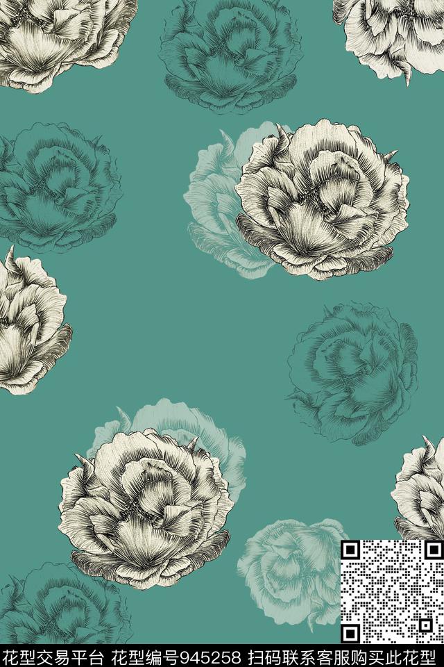 黑白华亿平台民族风花卉传统印花华亿平台下载（图片编号: 945258） - 瓦栏（Walan）