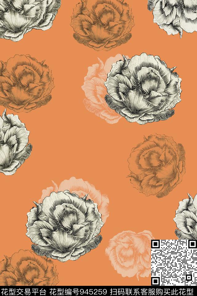 黑白华亿平台民族风花卉传统印花华亿平台下载（图片编号: 945259） - 瓦栏（Walan）