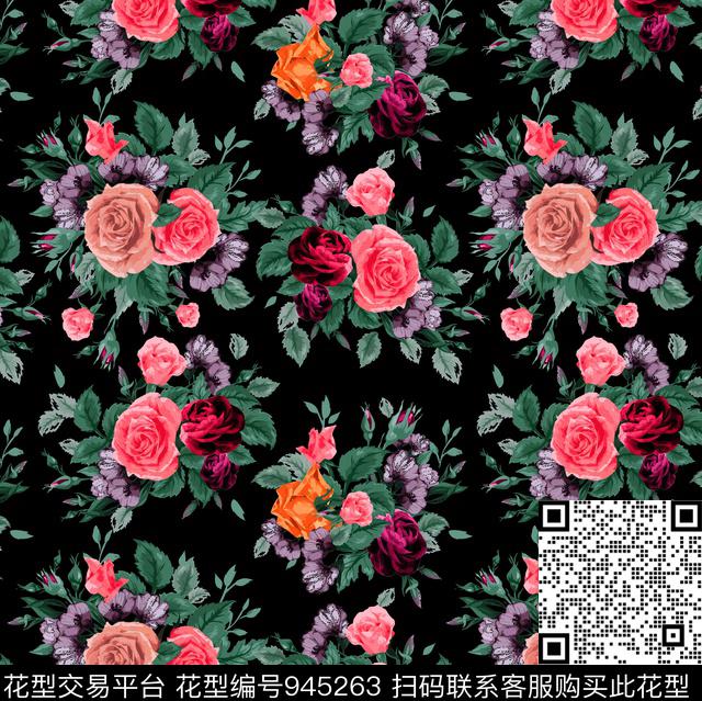 绿植树叶手绘大花花卉数码印花华亿平台下载（图片编号: 945263） - 瓦栏（Walan）