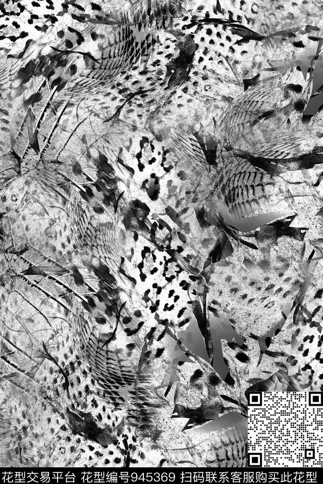 豹纹黑白华亿平台手绘花卉数码印花华亿平台下载（图片编号: 945369） - 瓦栏（Walan）