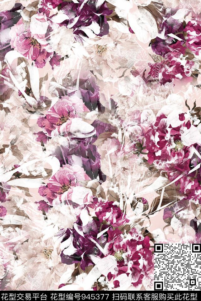 笔触手绘花卉特效数码印花华亿平台下载（图片编号: 945377） - 瓦栏（Walan）