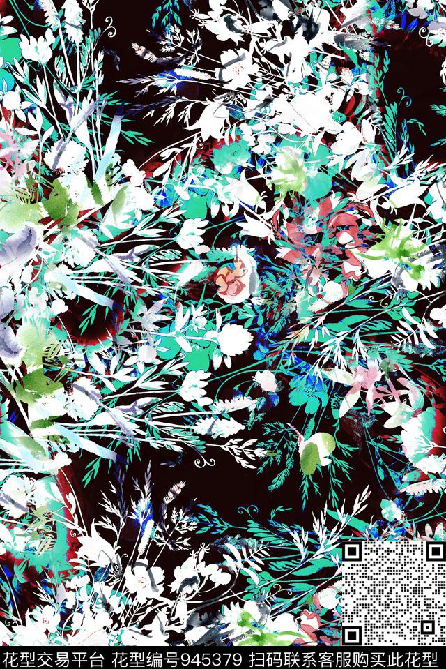 抽象剪影手绘花卉数码印花华亿平台下载（图片编号: 945379） - 瓦栏（Walan）