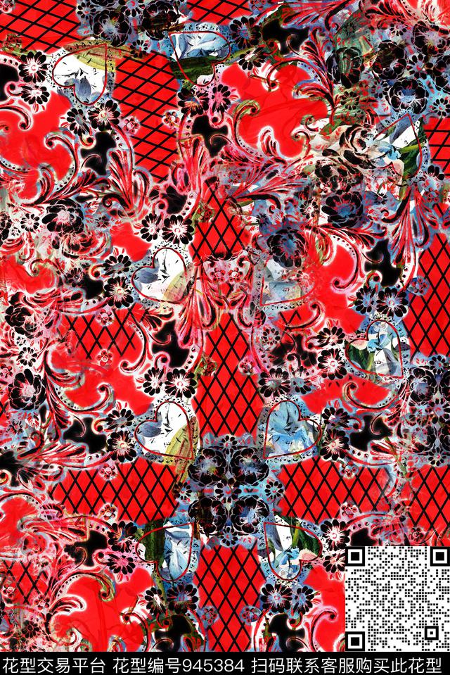 格子花卉手绘花卉数码印花华亿平台下载（图片编号: 945384） - 瓦栏（Walan）