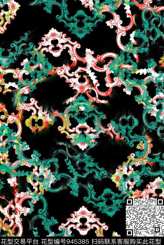手绘花卉红绿花纹数码印花华亿平台下载（图片编号: 945385） - 瓦栏（Walan）