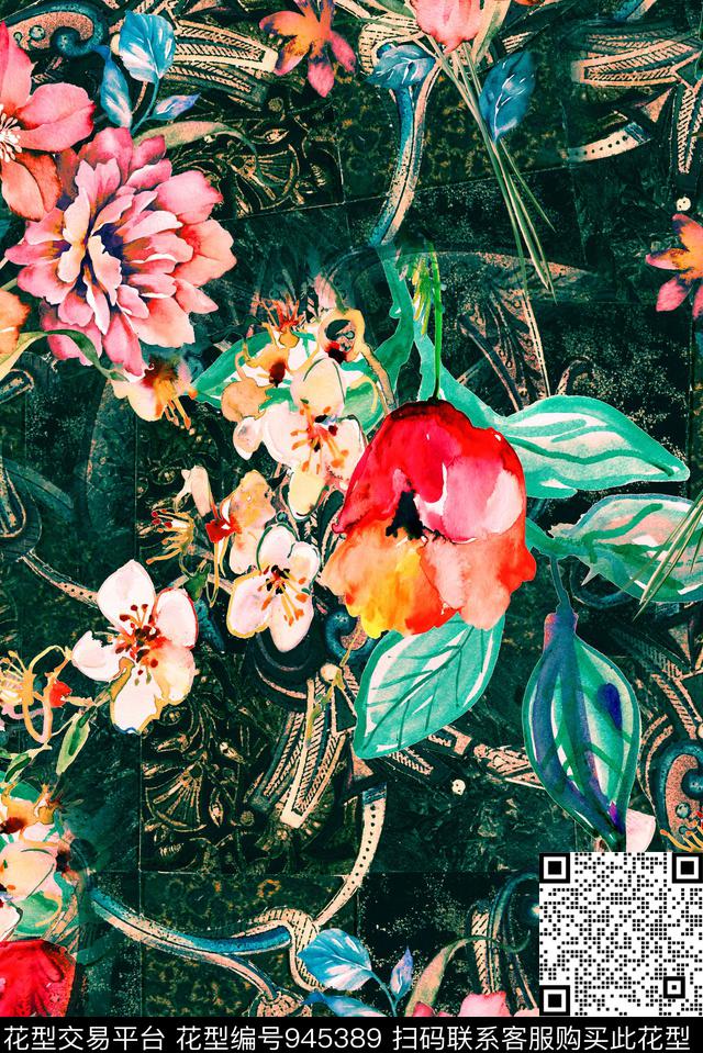 肌理花卉手绘花卉数码印花华亿平台下载（图片编号: 945389） - 瓦栏（Walan）