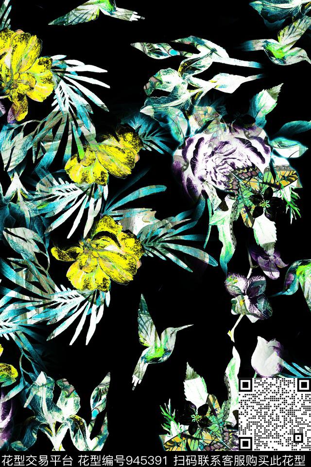 植物花卉剪影数码印花华亿平台下载（图片编号: 945391） - 瓦栏（Walan）