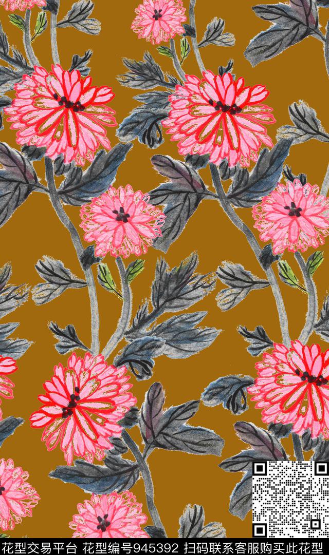 花卉手绘花卉水墨风数码印花华亿平台下载（图片编号: 945392） - 瓦栏（Walan）