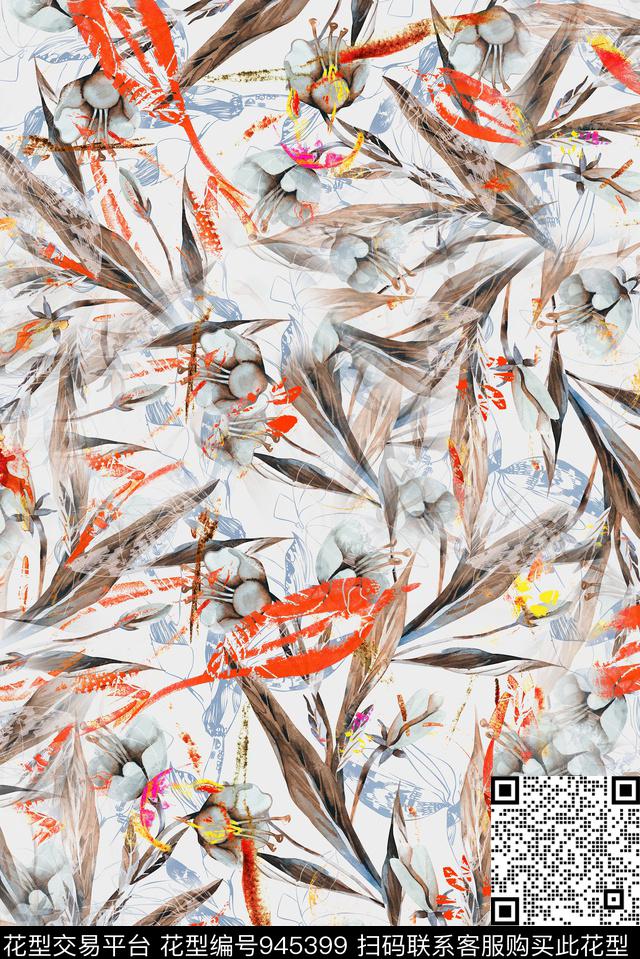 雪纺手绘花卉植物数码印花华亿平台下载（图片编号: 945399） - 瓦栏（Walan）