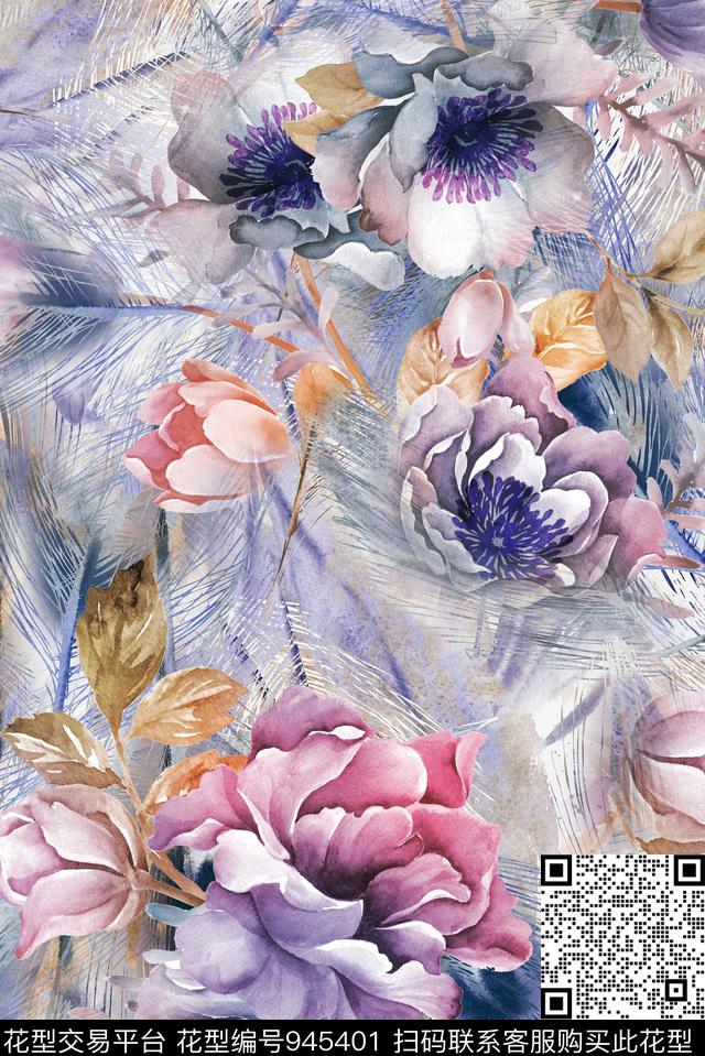 羽毛大花手绘花卉数码印花华亿平台下载（图片编号: 945401） - 瓦栏（Walan）