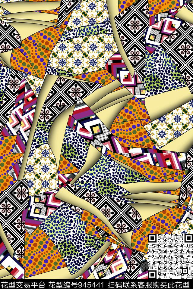 格子几何混合拼接数码印花华亿平台下载（图片编号: 945441） - 瓦栏（Walan）