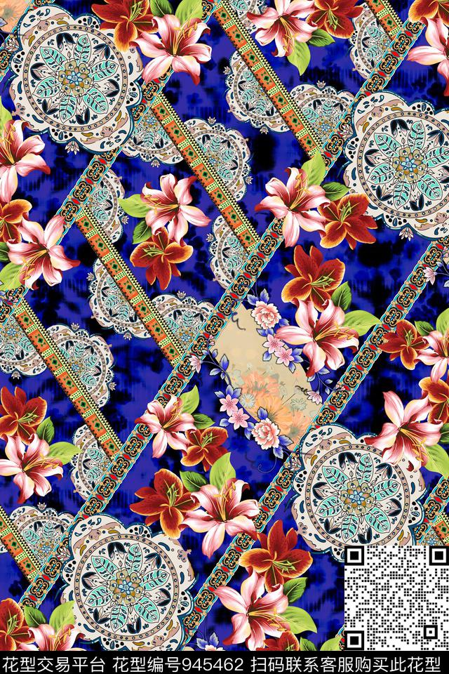 格子几何混合拼接数码印花华亿平台下载（图片编号: 945462） - 瓦栏（Walan）