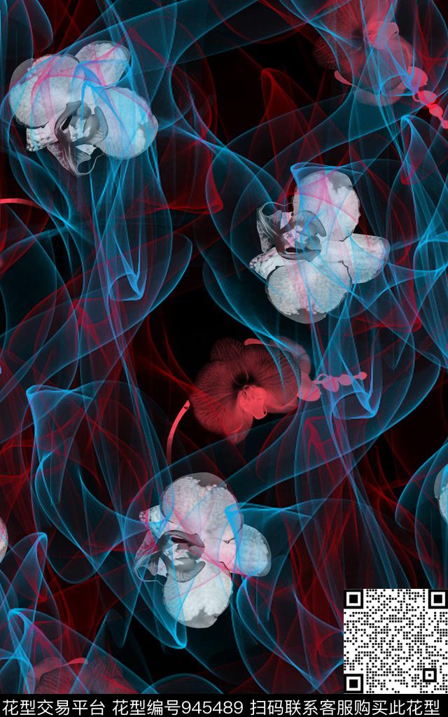 洋阳---花卉抽象花纹花卉兰花数码印花华亿平台下载（图片编号: 945489） - 瓦栏（Walan）