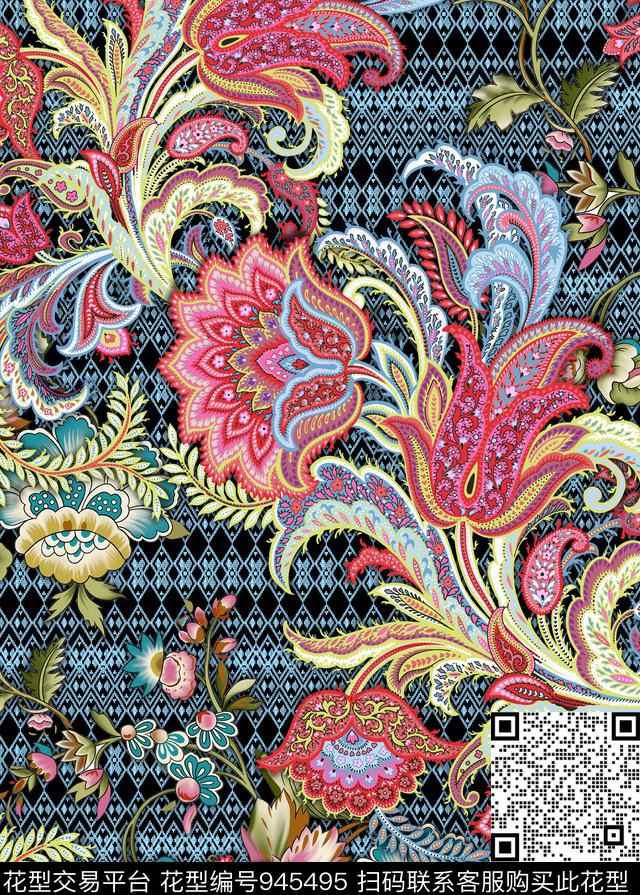 佩斯利几何混合拼接数码印花华亿平台下载（图片编号: 945495） - 瓦栏（Walan）