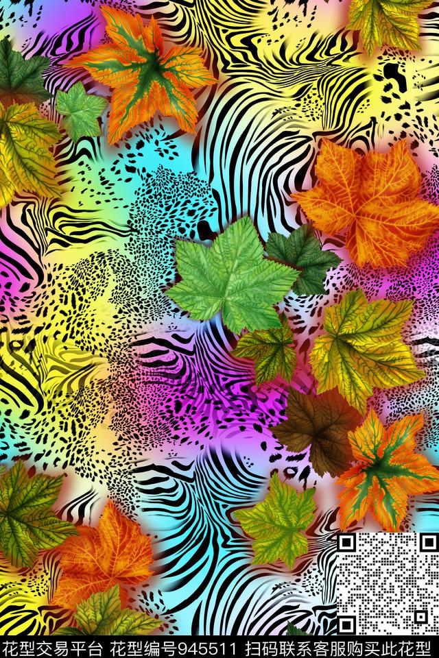 几何混合拼接绿植树叶数码印花华亿平台下载（图片编号: 945511） - 瓦栏（Walan）