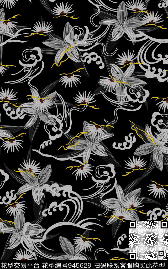 黑底花卉男装花卉传统印花华亿平台下载（图片编号: 945629） - 瓦栏（Walan）