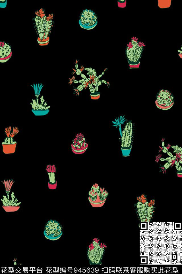 趣味黑底花卉春夏华亿平台传统印花华亿平台下载（图片编号: 945639） - 瓦栏（Walan）