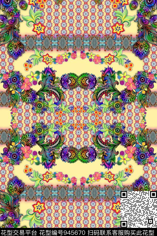 定位花佩斯利几何数码印花华亿平台下载（图片编号: 945670） - 瓦栏（Walan）