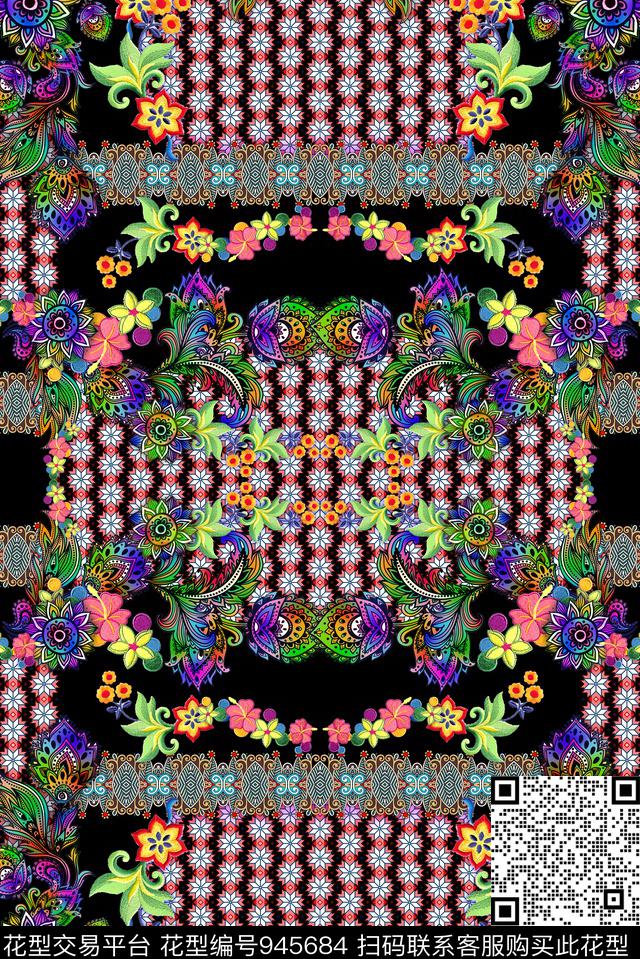 定位花佩斯利几何数码印花华亿平台下载（图片编号: 945684） - 瓦栏（Walan）