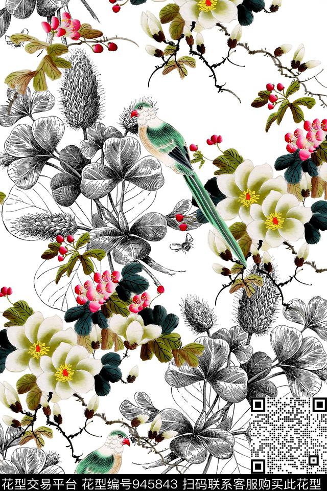 鸟花卉中国风数码印花华亿平台下载（图片编号: 945843） - 瓦栏（Walan）