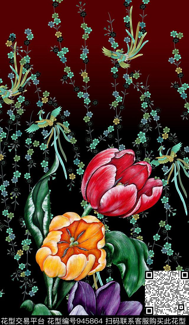 民族花卉鸟年轻女性数码印花华亿平台下载（图片编号: 945864） - 瓦栏（Walan）