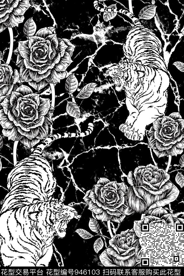 黑底花卉男装线条传统印花华亿平台下载（图片编号: 946103） - 瓦栏（Walan）