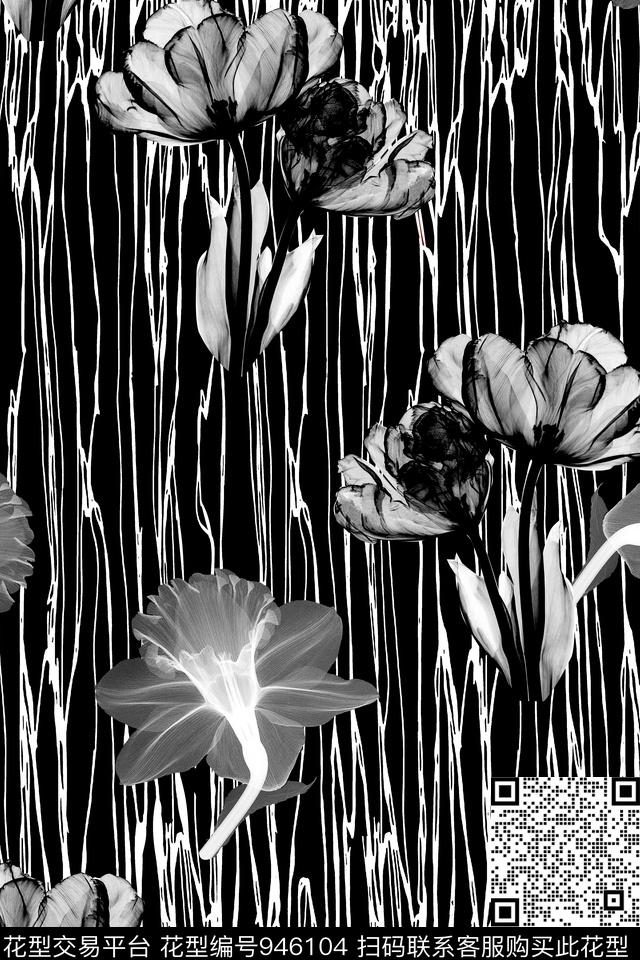 黑底花卉男装线条传统印花华亿平台下载（图片编号: 946104） - 瓦栏（Walan）