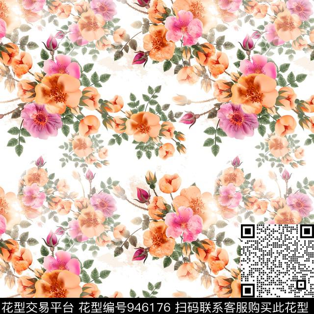 绿植树叶手绘大花花卉数码印花华亿平台下载（图片编号: 946176） - 瓦栏（Walan）