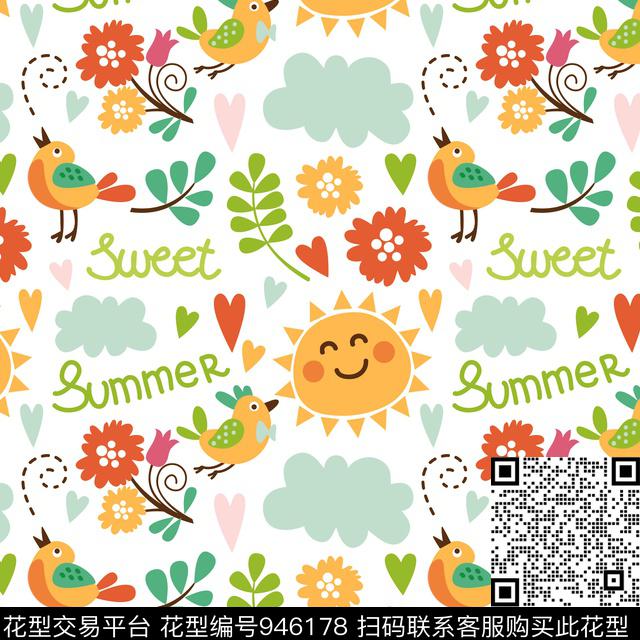 太阳卡通动物鸟数码印花华亿平台下载（图片编号: 946178） - 瓦栏（Walan）