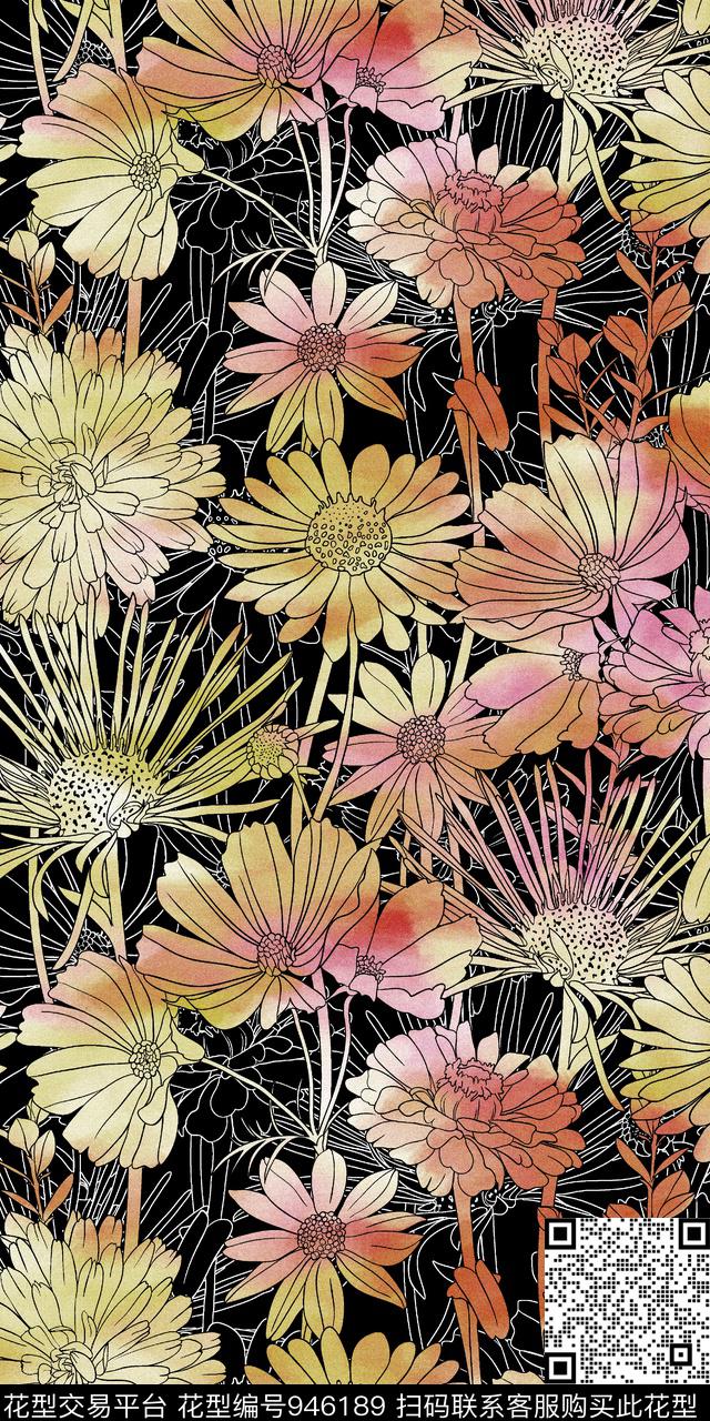 花卉手绘花卉数码印花华亿平台下载（图片编号: 946189） - 瓦栏（Walan）