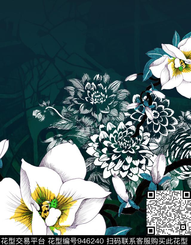 线条花卉绿植树叶连衣裙数码印花华亿平台下载（图片编号: 946240） - 瓦栏（Walan）