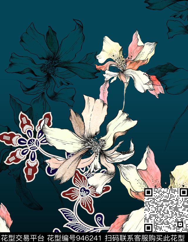 线条花卉绿植树叶连衣裙数码印花华亿平台下载（图片编号: 946241） - 瓦栏（Walan）