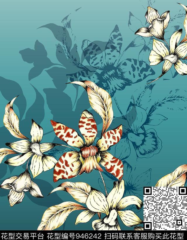 线条花卉绿植树叶连衣裙数码印花华亿平台下载（图片编号: 946242） - 瓦栏（Walan）