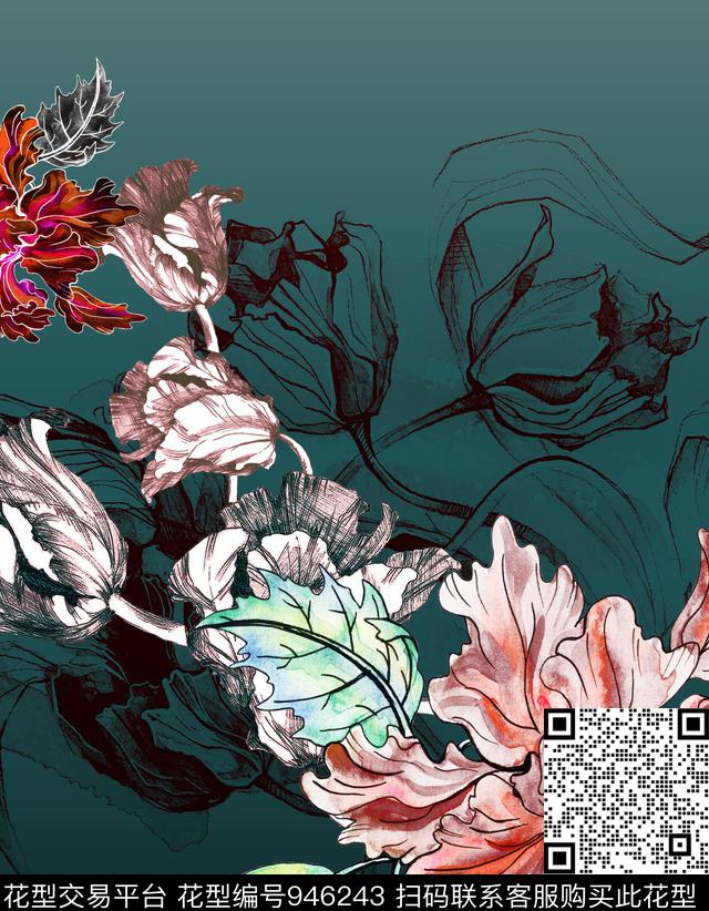 线条花卉绿植树叶连衣裙数码印花华亿平台下载（图片编号: 946243） - 瓦栏（Walan）