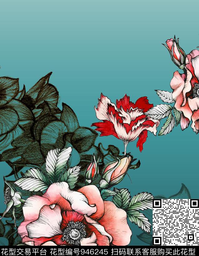 线条花卉绿植树叶连衣裙数码印花华亿平台下载（图片编号: 946245） - 瓦栏（Walan）