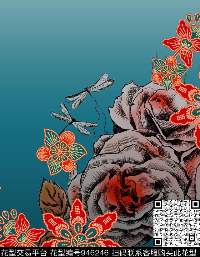 线条花卉绿植树叶连衣裙数码印花华亿平台下载（图片编号: 946246） - 瓦栏（Walan）