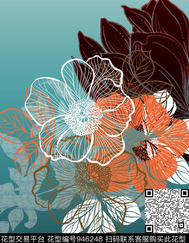 线条花卉绿植树叶连衣裙数码印花华亿平台下载（图片编号: 946248） - 瓦栏（Walan）