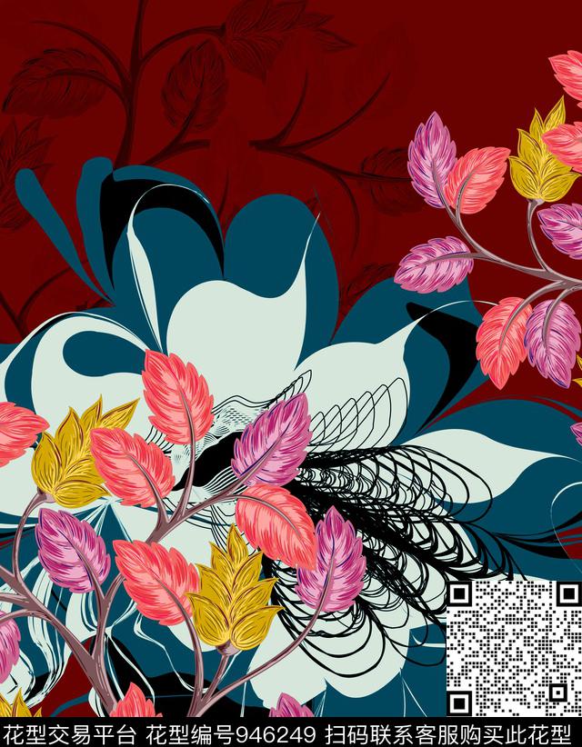 线条花卉绿植树叶连衣裙数码印花华亿平台下载（图片编号: 946249） - 瓦栏（Walan）