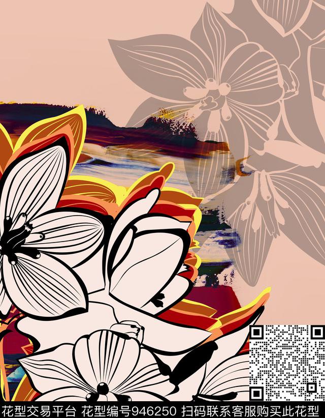 线条花卉绿植树叶连衣裙数码印花华亿平台下载（图片编号: 946250） - 瓦栏（Walan）