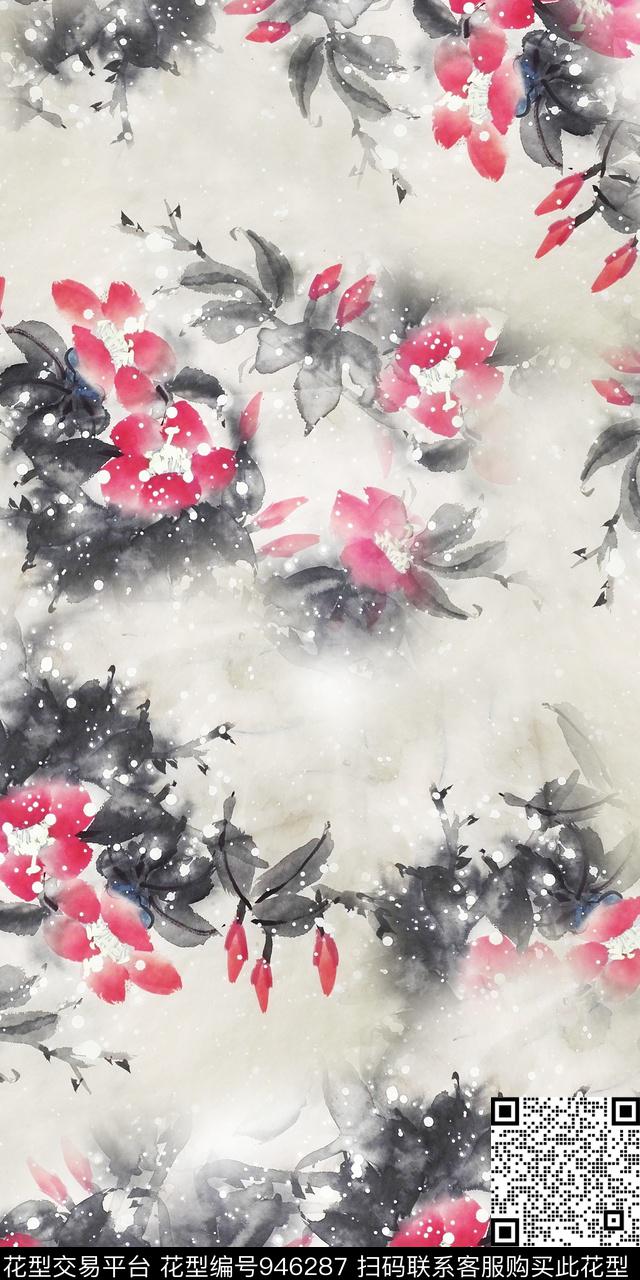 水彩花卉水墨风满版散花数码印花华亿平台下载（图片编号: 946287） - 瓦栏（Walan）