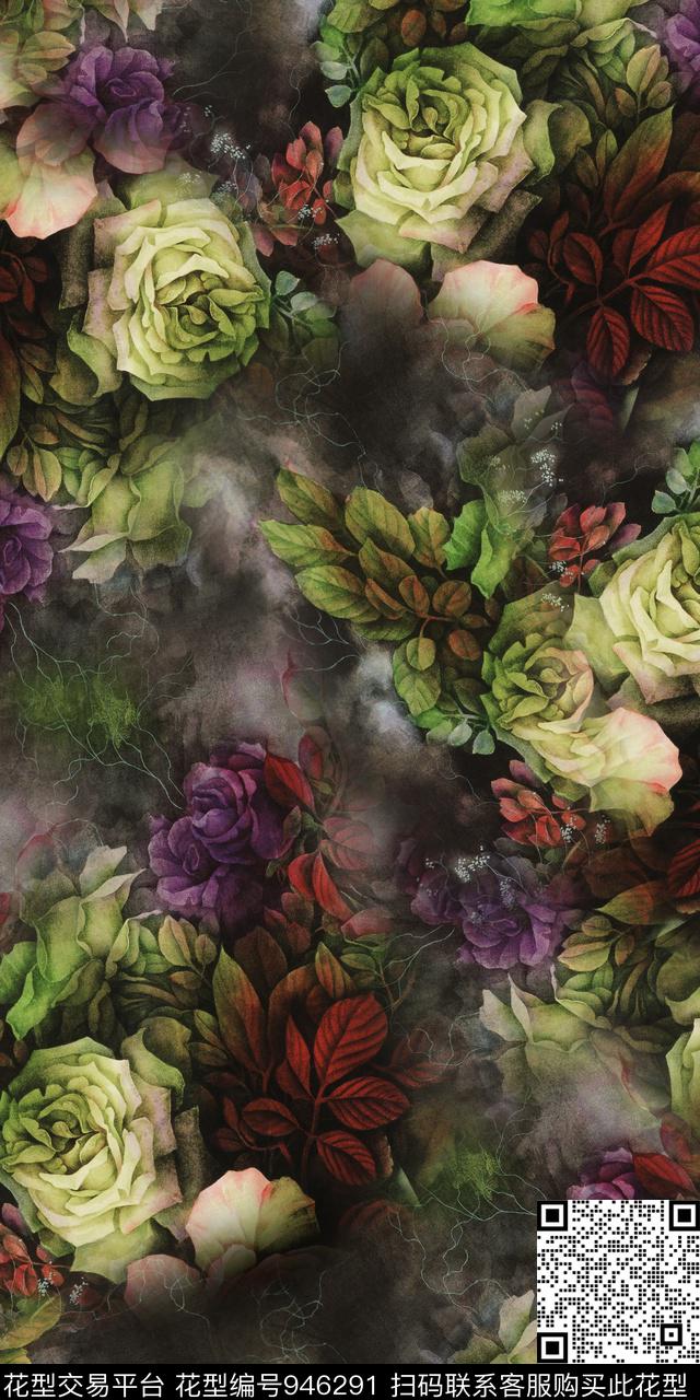 水彩花卉水墨风满版散花数码印花华亿平台下载（图片编号: 946291） - 瓦栏（Walan）