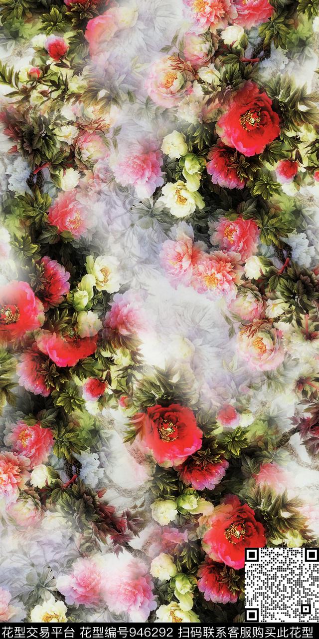 水彩花卉水墨风满版散花数码印花华亿平台下载（图片编号: 946292） - 瓦栏（Walan）