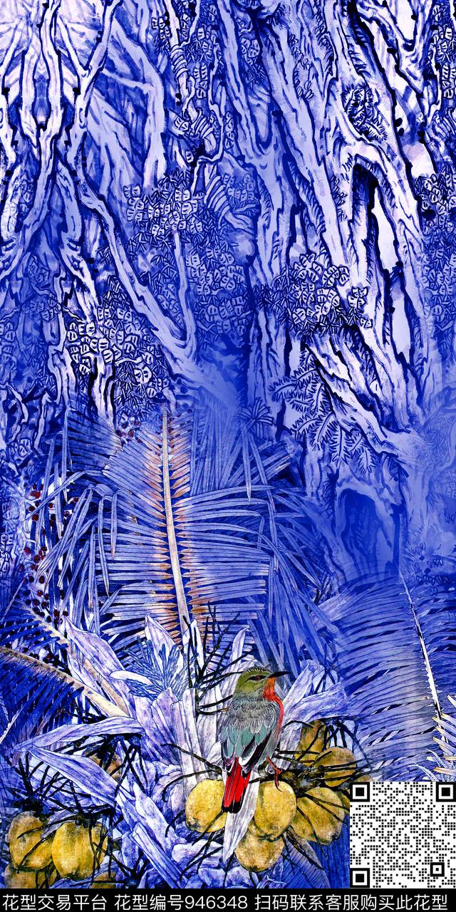 棕榈树花卉中国风数码印花华亿平台下载（图片编号: 946348） - 瓦栏（Walan）