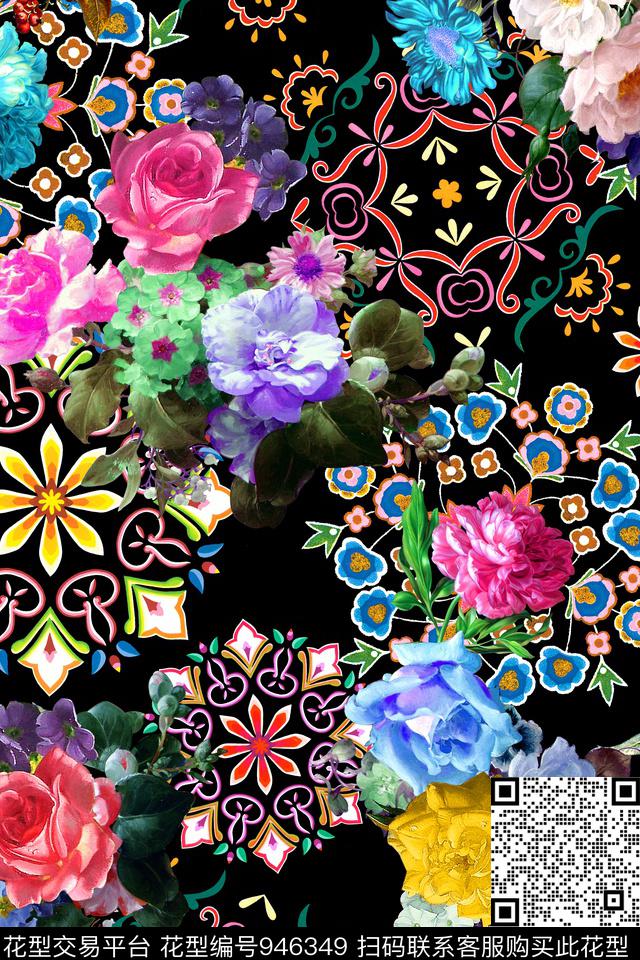 花卉几何油画华亿平台数码印花华亿平台下载（图片编号: 946349） - 瓦栏（Walan）