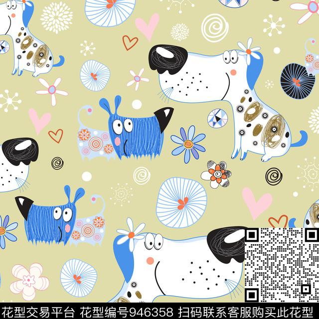 卡通动物狗手绘花卉数码印花华亿平台下载（图片编号: 946358） - 瓦栏（Walan）