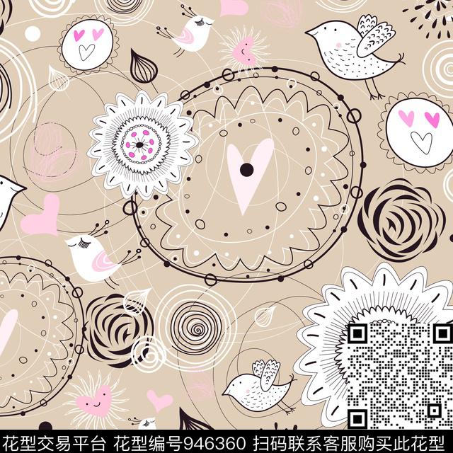 卡通手绘花卉圆形数码印花华亿平台下载（图片编号: 946360） - 瓦栏（Walan）