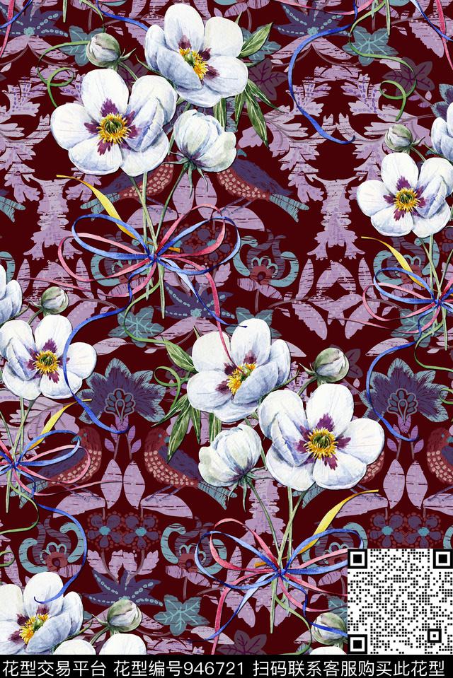 女装花卉扎染卷草底纹数码印花华亿平台下载（图片编号: 946721） - 瓦栏（Walan）