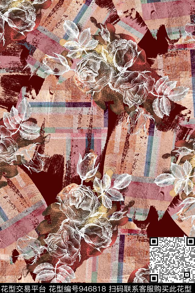 抽象线条花卉半完成花卉彩色格子数码印花华亿平台下载（图片编号: 946818） - 瓦栏（Walan）