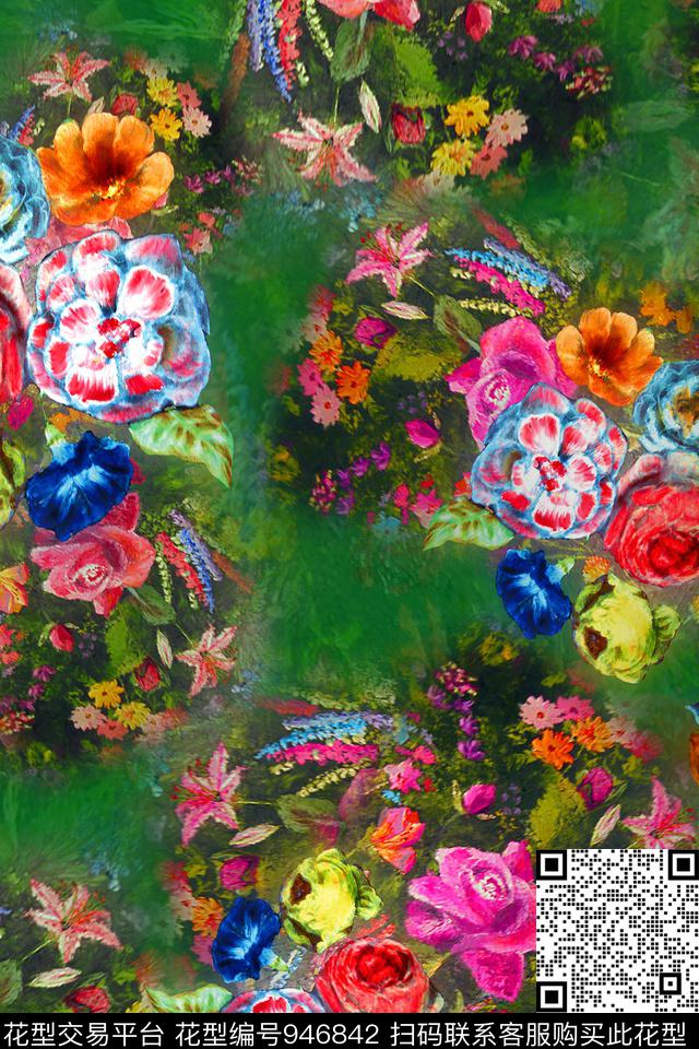 树枝花卉玫瑰花数码印花华亿平台下载（图片编号: 946842） - 瓦栏（Walan）
